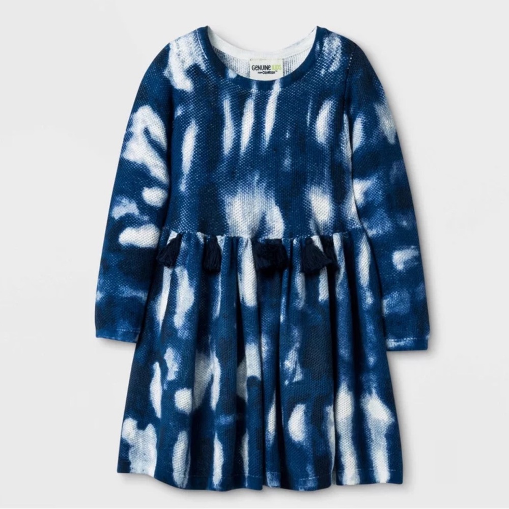 OshKosh B’gosh Girls Blue White Tie Dye Tassel Dress Size 4T Long Sleeve Boho